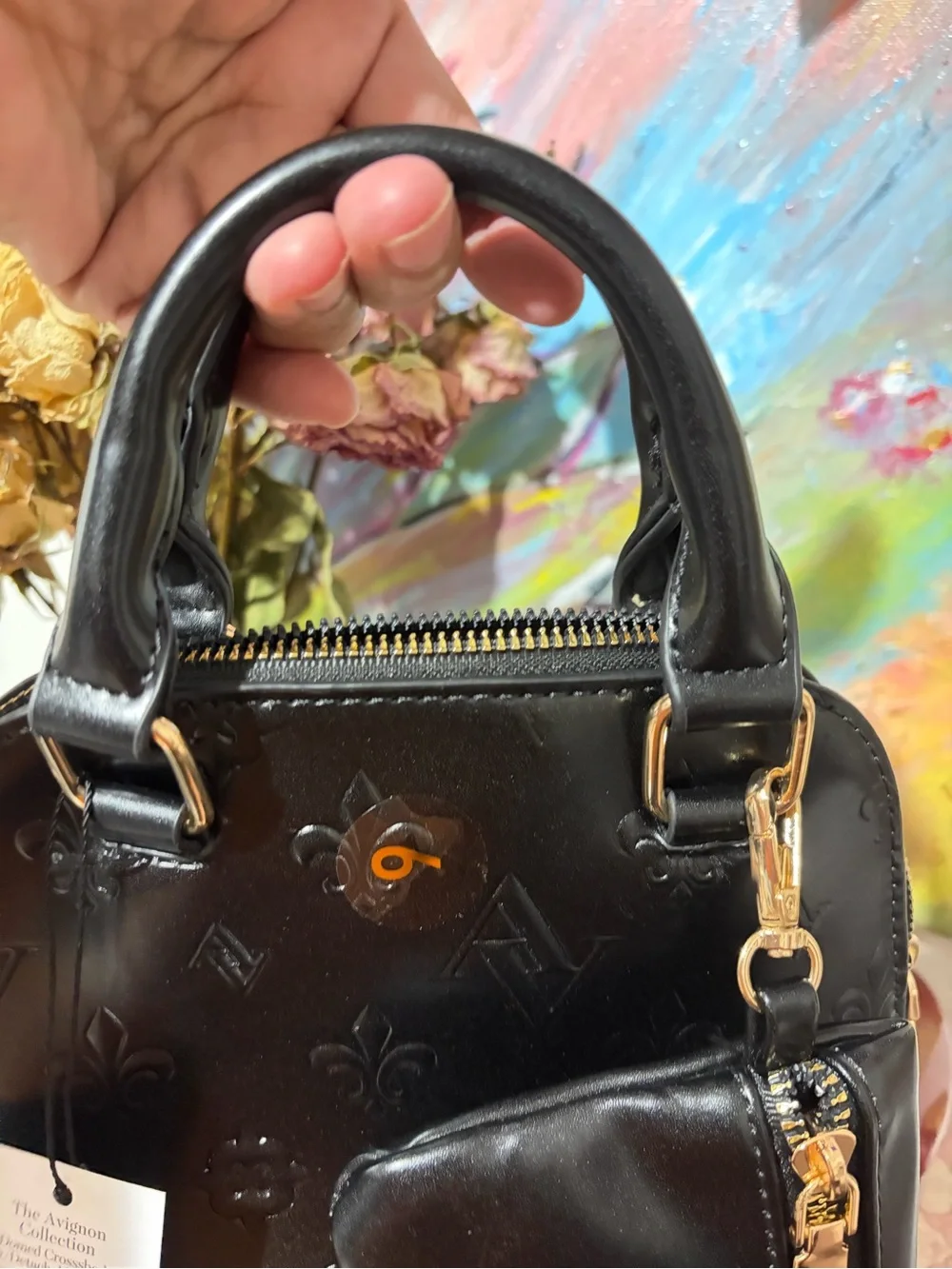 Adrienne Vittadini Black Embossed Faux Leather Dome Satchel